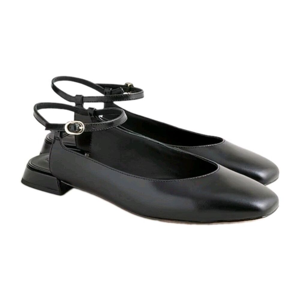 J.Crew $178 Ankle Strap Leather Flats Square Toe Black Size 8